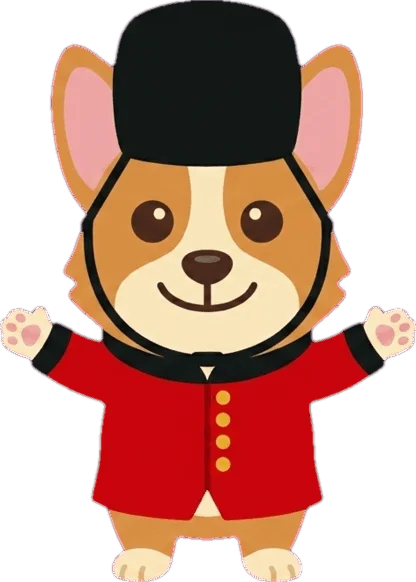 Luk, a Pembroke Welsh corgi in King's Guard uniform — bearskin cap and scarlet tunic — standing beside the app with both paws open in welcome.
